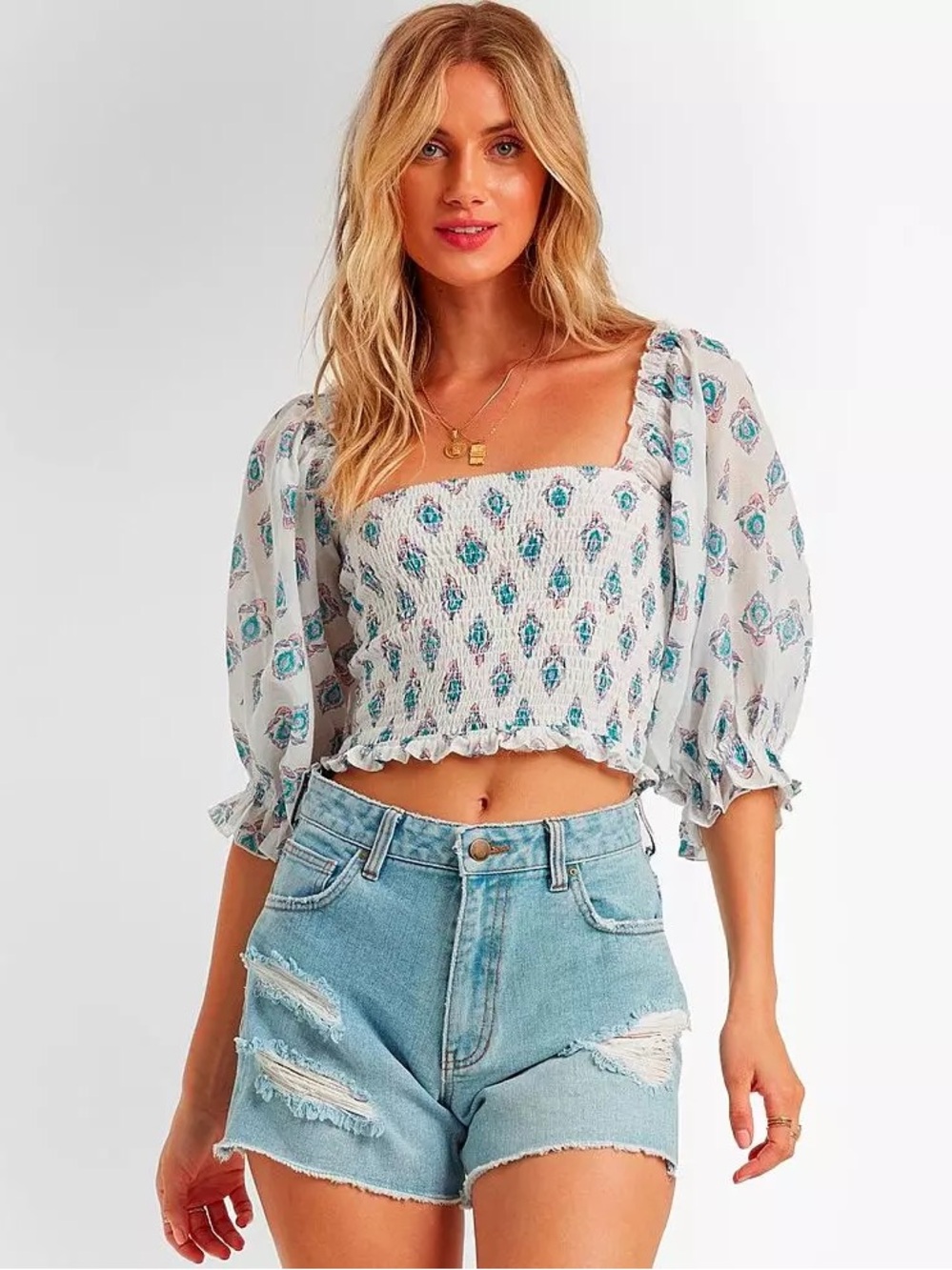 Billabong White Smocked Crop Top with Teal Floral Motif